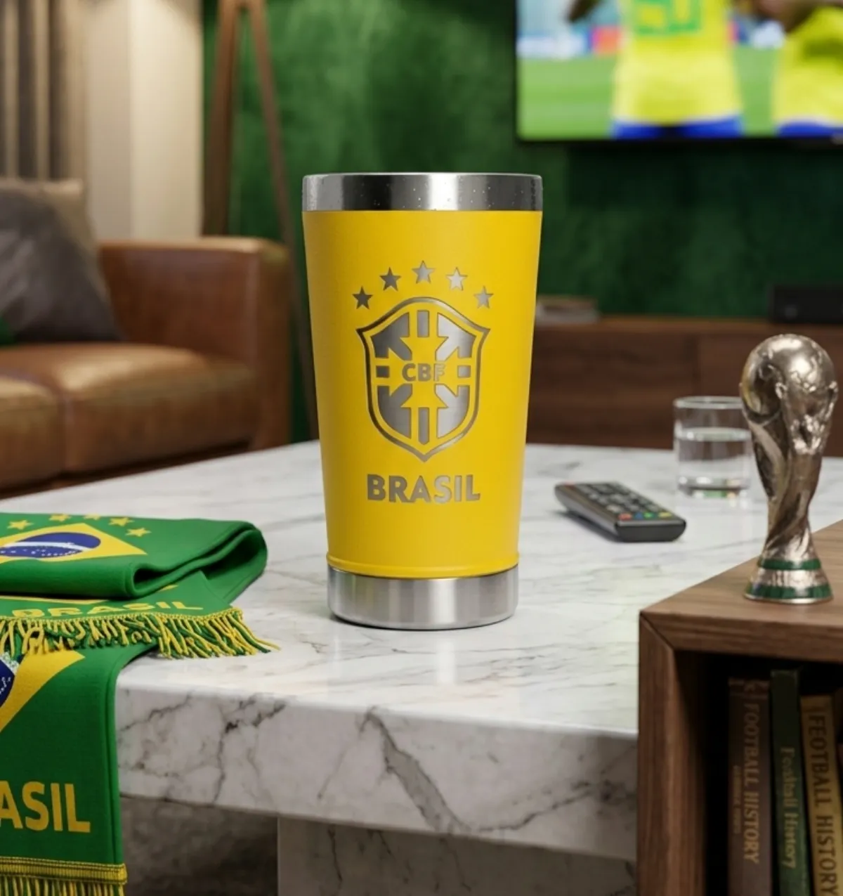 Copo térmico amarelo da Seleção Brasileira com escudo CBF gravado a laser
