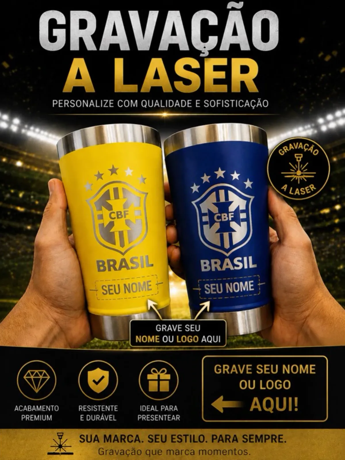 Gravação a laser personalizada nos copos térmicos amarelo e azul